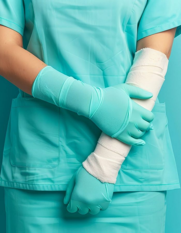 Medical professional in turquoise scrubs with a bandaged arm, showcasing healthcare and safety in a clinical environment.